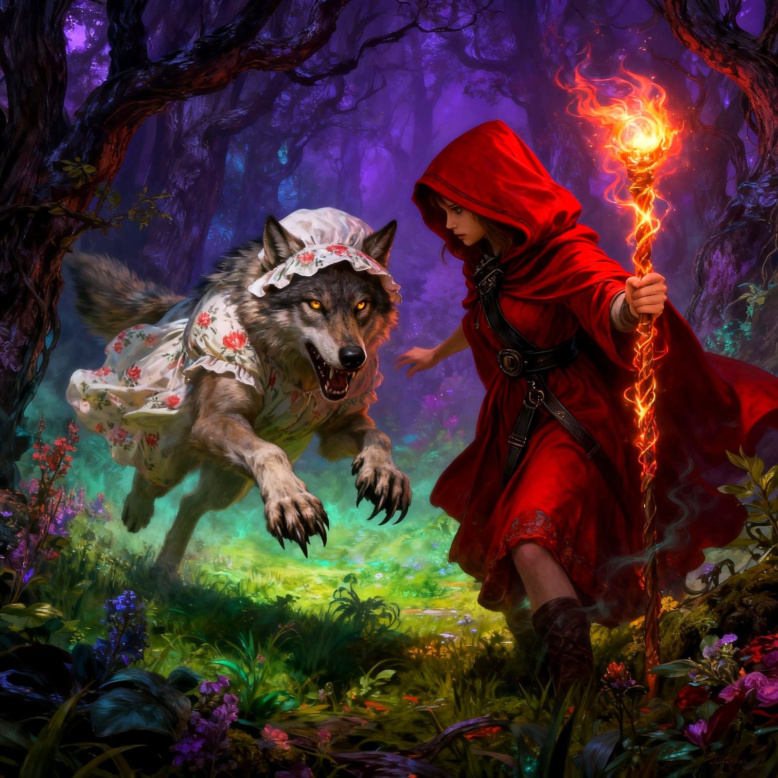 Little Red Riding Hood as a Mage Fighting a Wolf