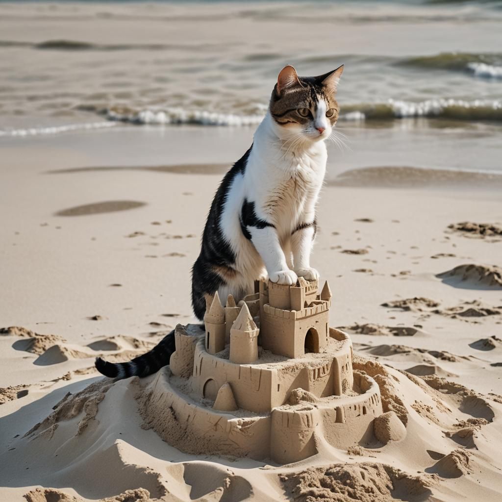 Cat on Sandcastle at the Beach