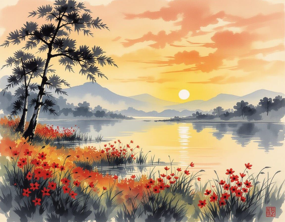 Sunset Meadow by Lake in Chinese Ink Painting Style