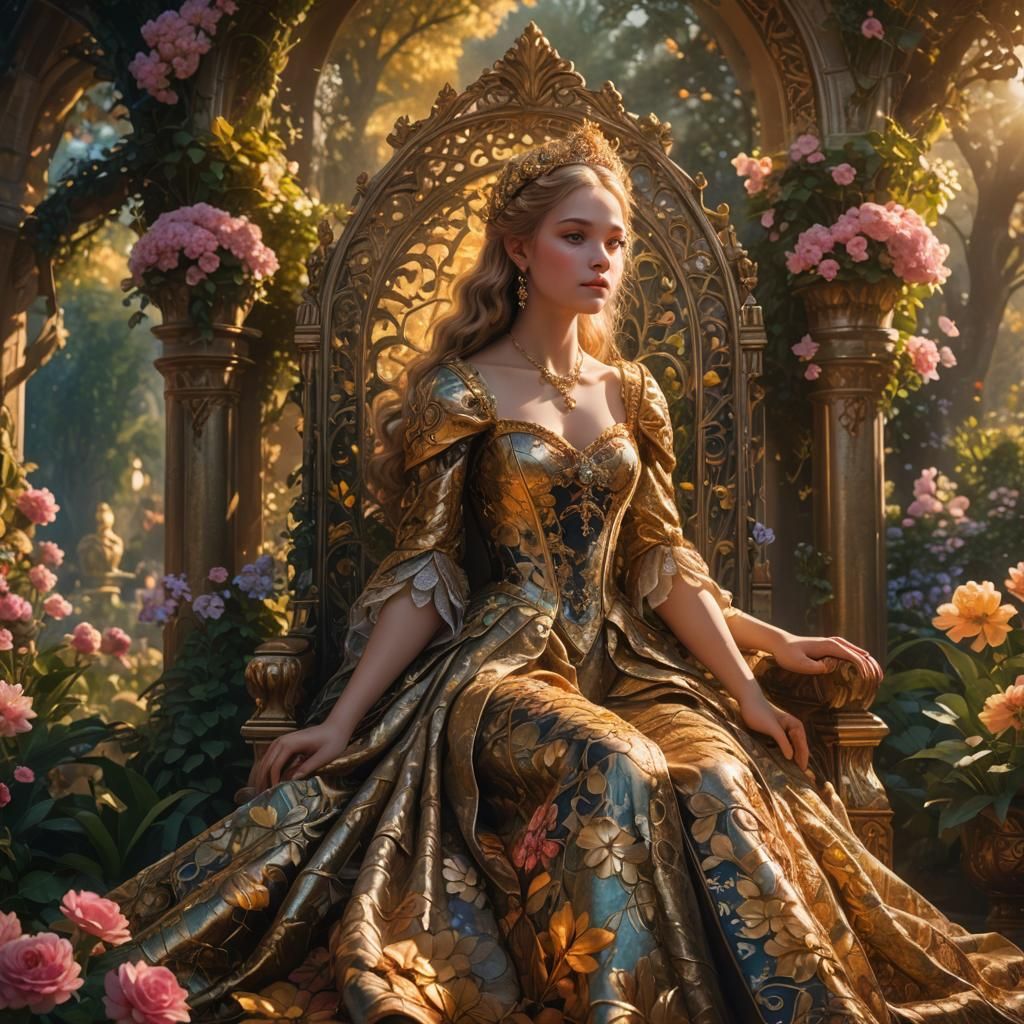 Princess on Throne in Mystical Garden: Fantasy Concept Art