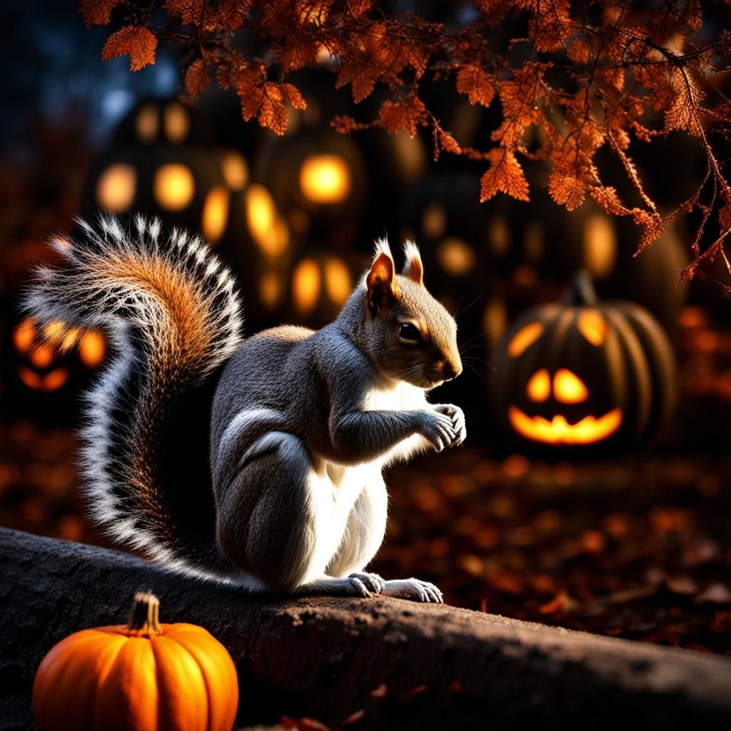 Squirrel and Halloween Night in Hyperrealistic Style