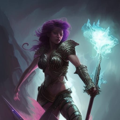 endowed warrior princess wielding a sword in highly revealing armor fighting a purple crystalline dragon that spits azur...