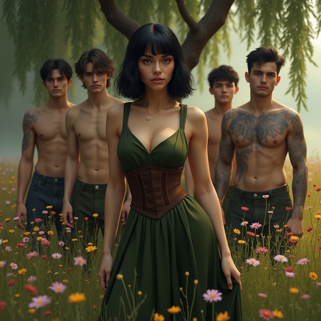 Olive Green Goddess Surrounded by Adoring Suitors