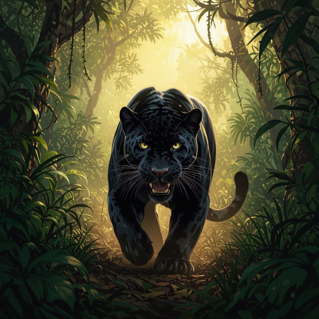 Black Panther Stalks Prey in Lush Jungle