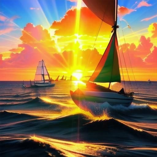 Children's Sailboat Race on Calm Ocean, Digital Art