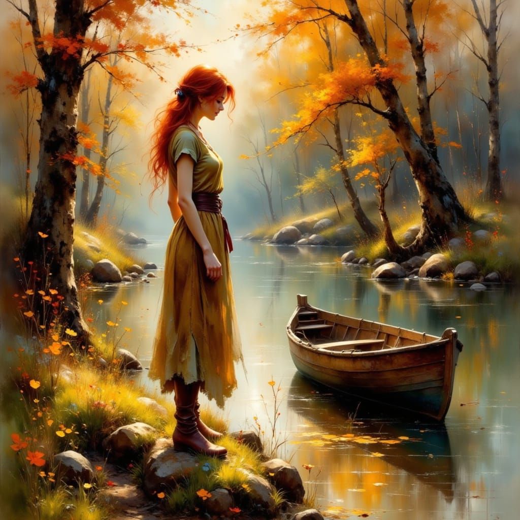 Autumn Riverbank Scene as Impressionist Oil Painting