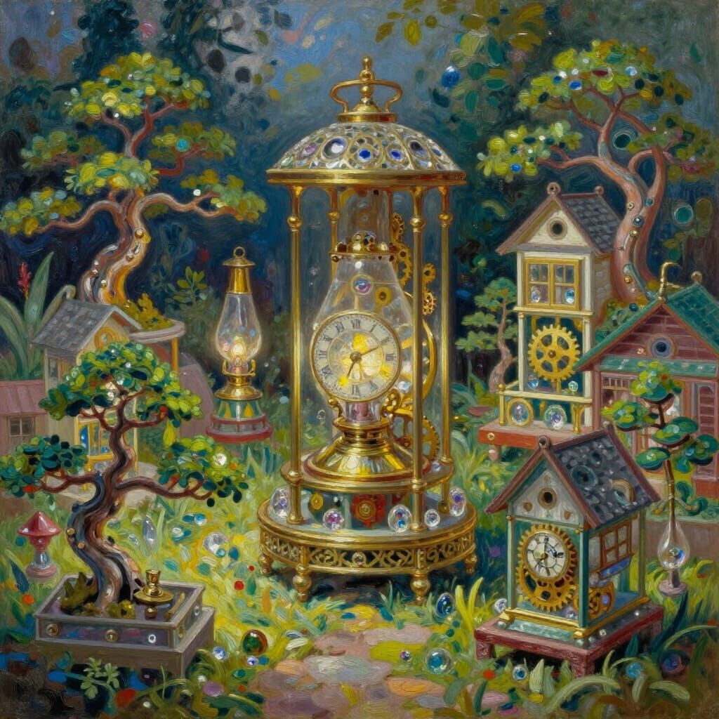 Clockpunk Bonsai Village Garden in Oil Paint
