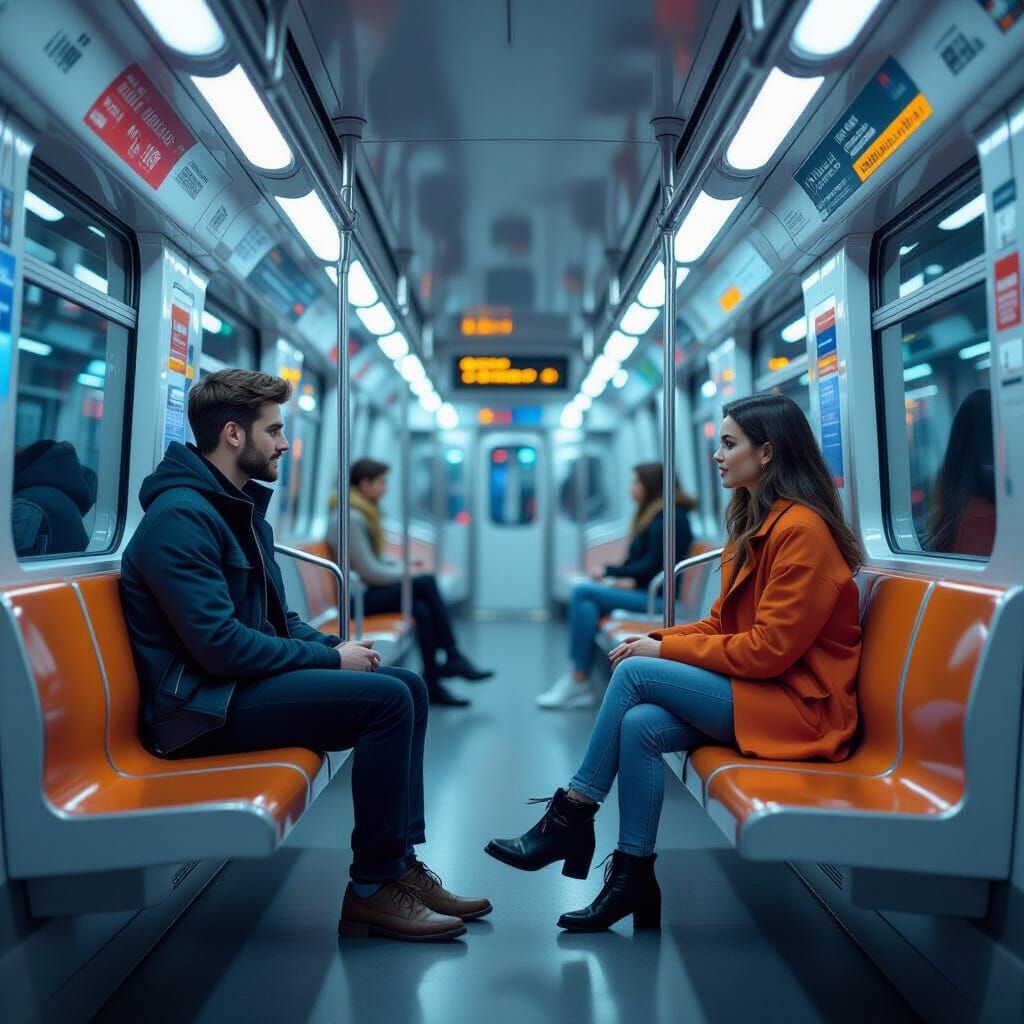 Couple in Futuristic Train, in Digital Art Style