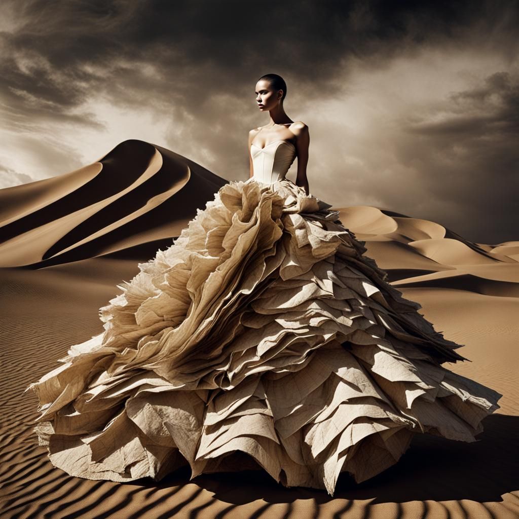 Extreme Fashion Paper Collage Art : Desert Nomad Ballgown : Textured Torn Grungy Paper : Alexander McQueen Fashion Style...