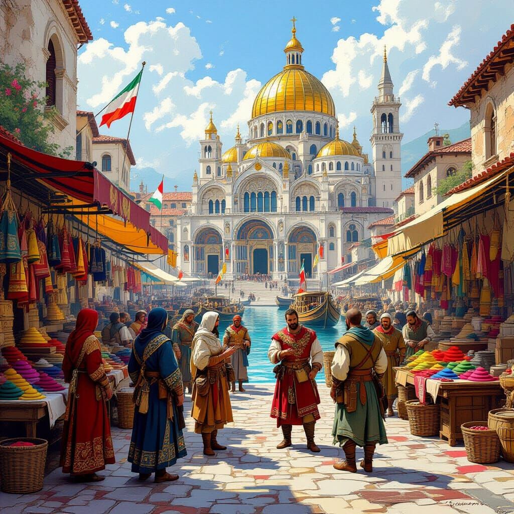 Bustling Harbor Scene in Medieval Italian City