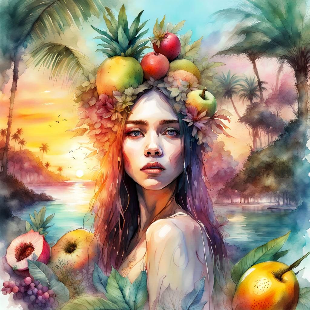 Lush Paradise Island: Digital Watercolor Illustration