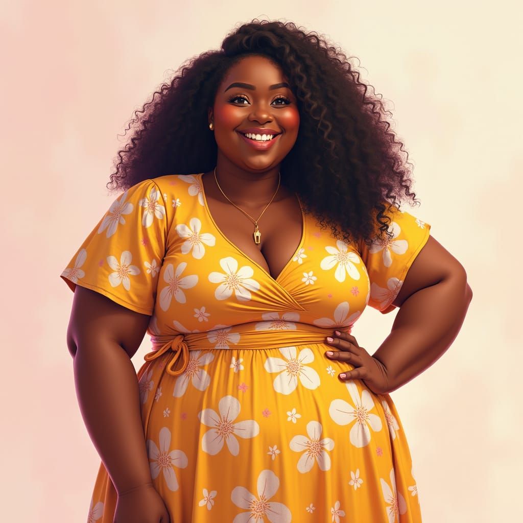 Dreamy Plus-Sized Woman in Vibrant Floral Dress