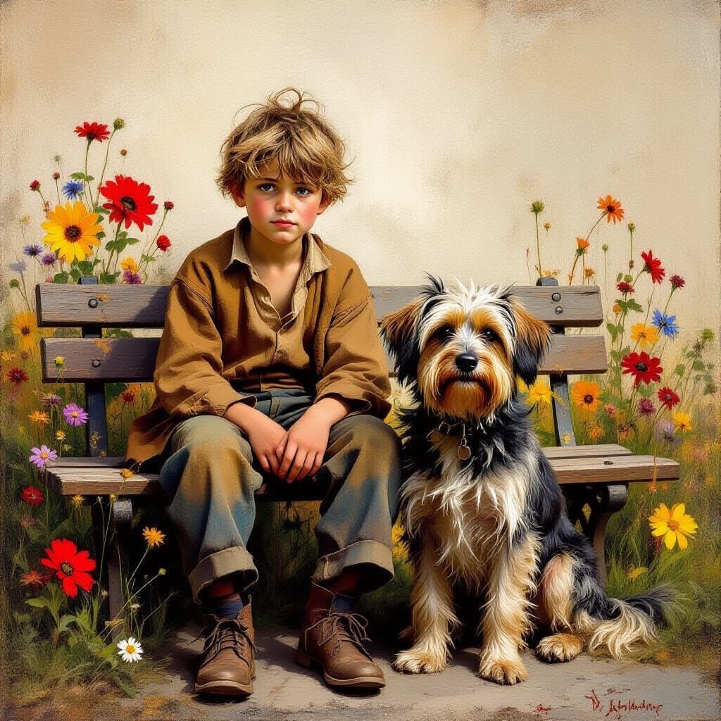 Boy and Dog on Bench in Baroque Style