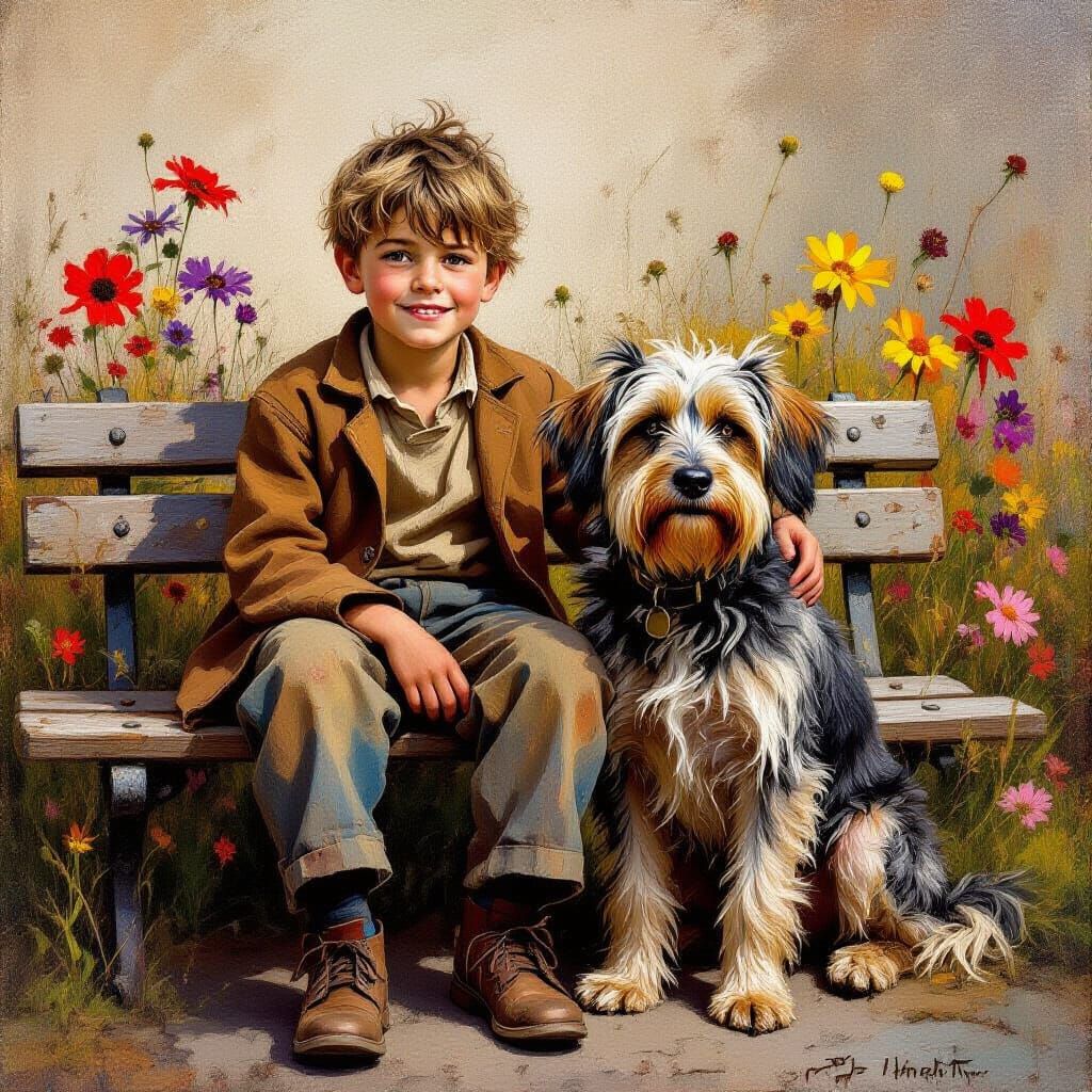 Touching Portrait of Boy and Dog in Baroque Style