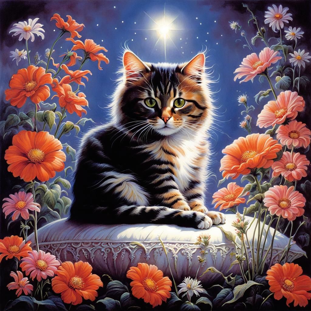 Cute Cat Surrounded by Flowers in Fantasy Art Style