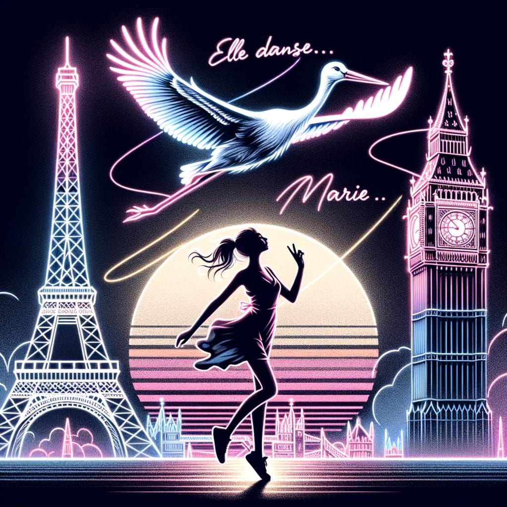 Neon Streetwear Illustration of Girl Dancing Between Landmar...