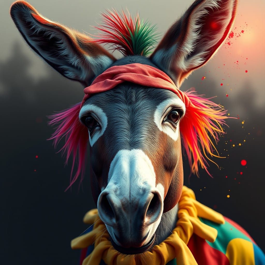 Dynamic Harlequin Donkey Portrait in Vibrant Triadic Colors