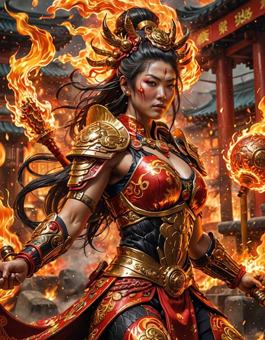 Flaming Japanese Goddess Playing War Drum