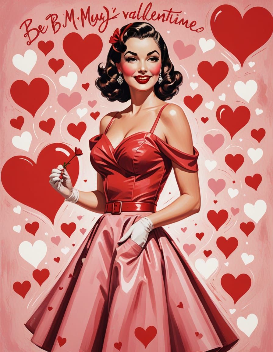 Vintage Valentine Pinup with Red Heart and Flair