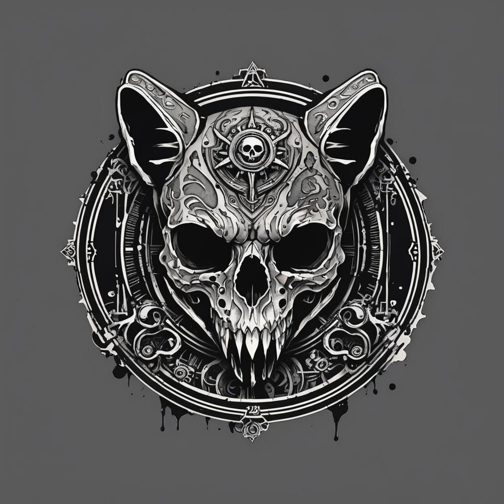 Cat Skull Logo in Steampunk Glitchcore Style