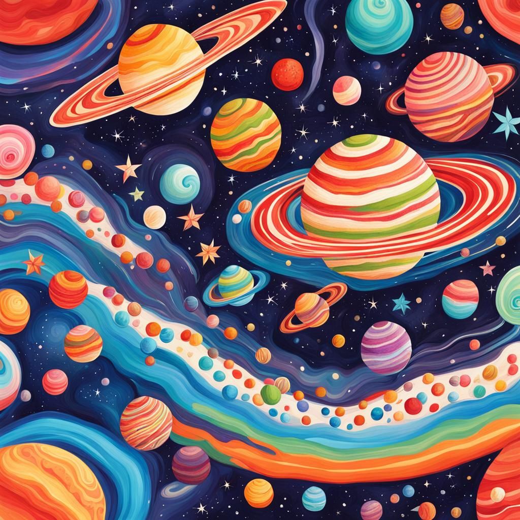 Vibrant Space Cluster in Candyland Gouache Style