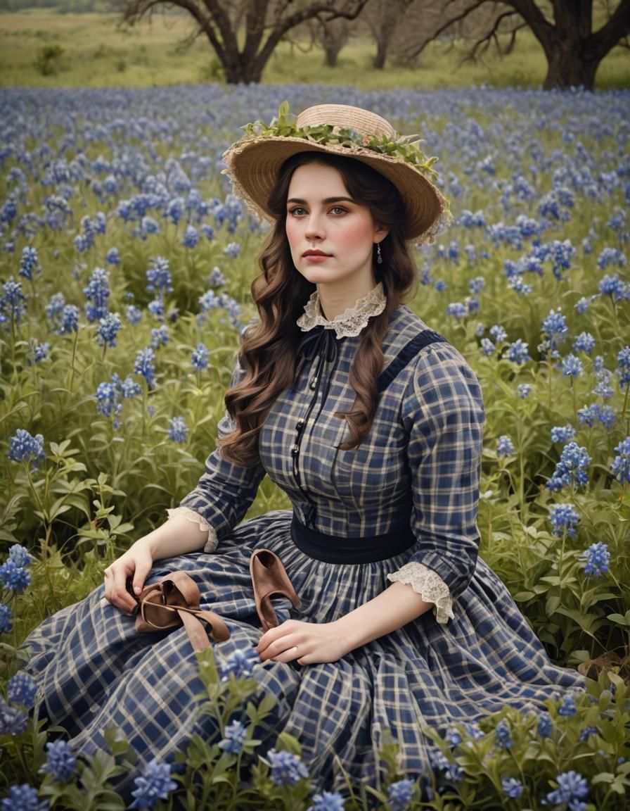 Victorian Woman in Bluebonnet Field Portrait
