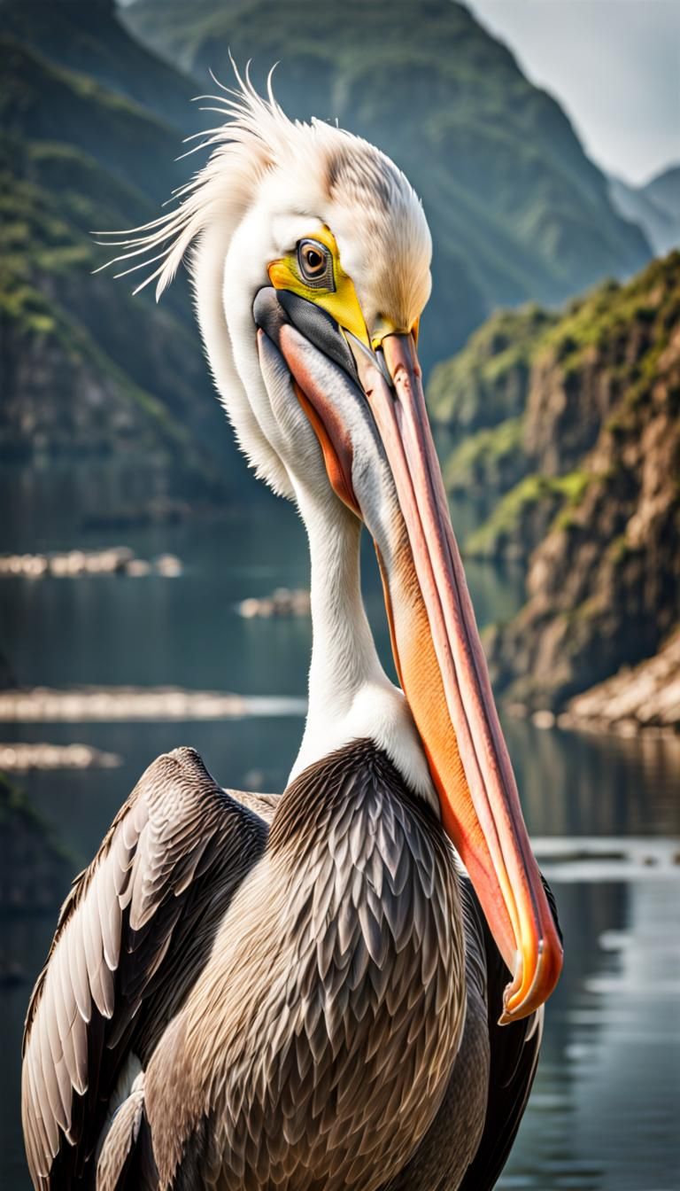 Pelican with Fish: Macro Detail, Cinematic Style