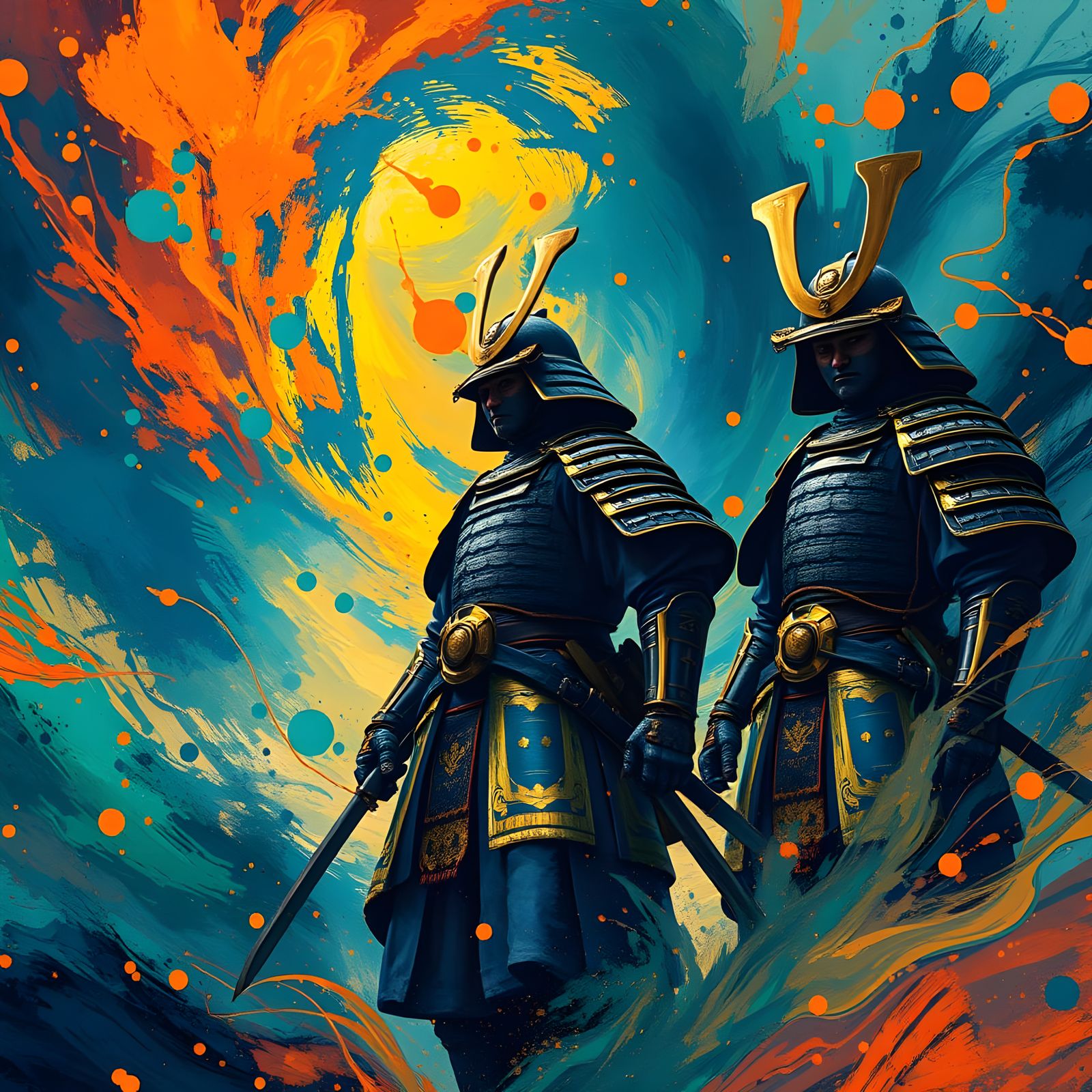 Armored Samurai Surrounded by Swirling Paint