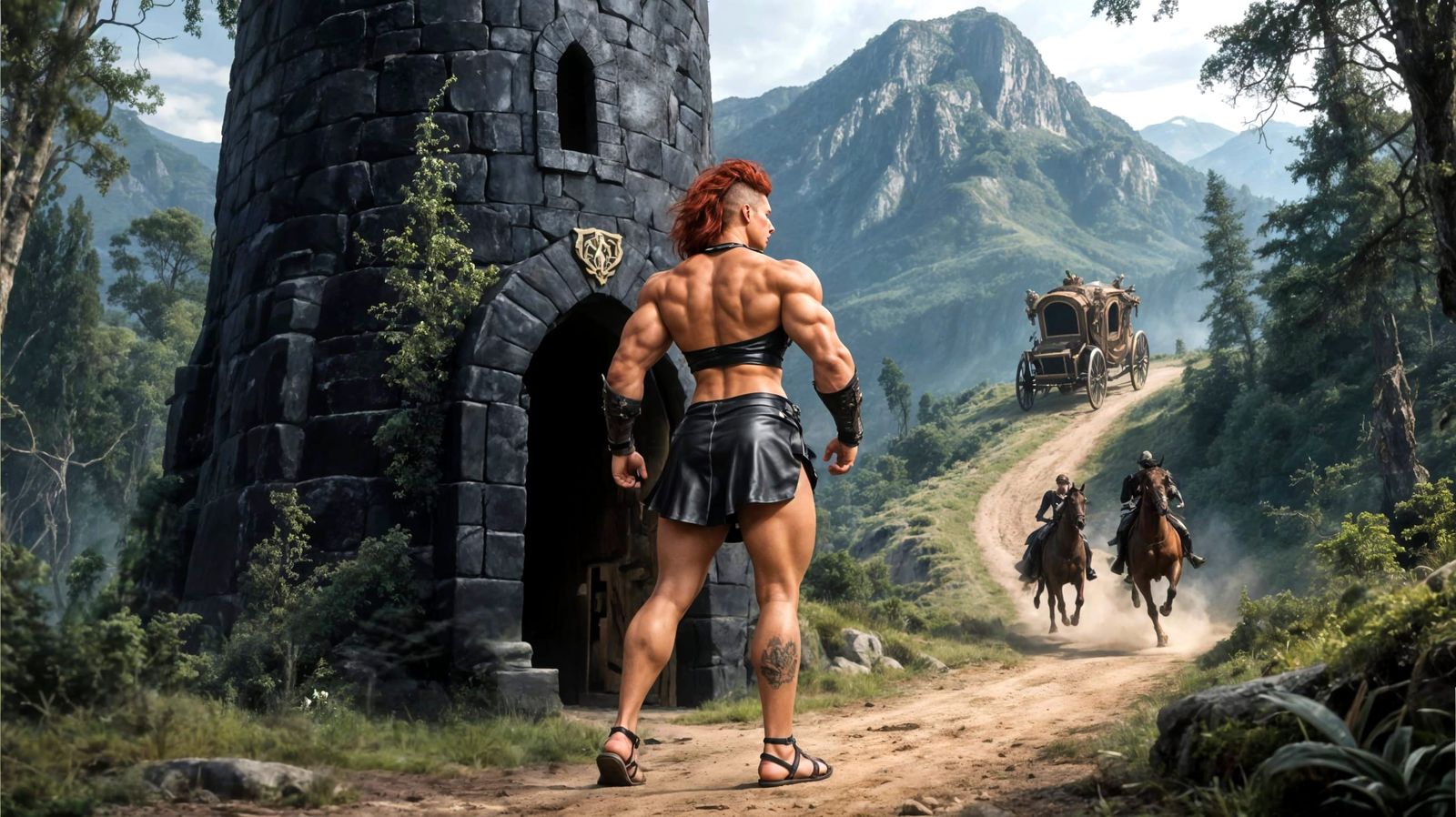 Muscular Amazonian Warrior Sneaks Past Guards in Fantasy Set...