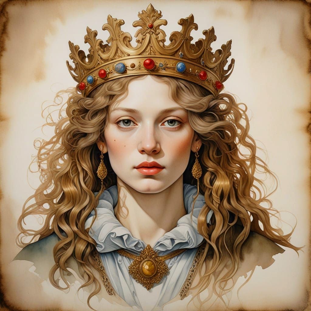 Baroque Surreal Portrait with Golden Outlines in Watercolor