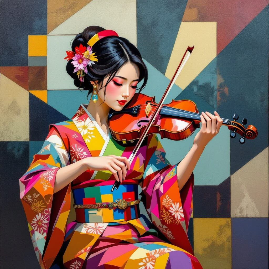 Japanese Violinist in Cubist Art Deco Style