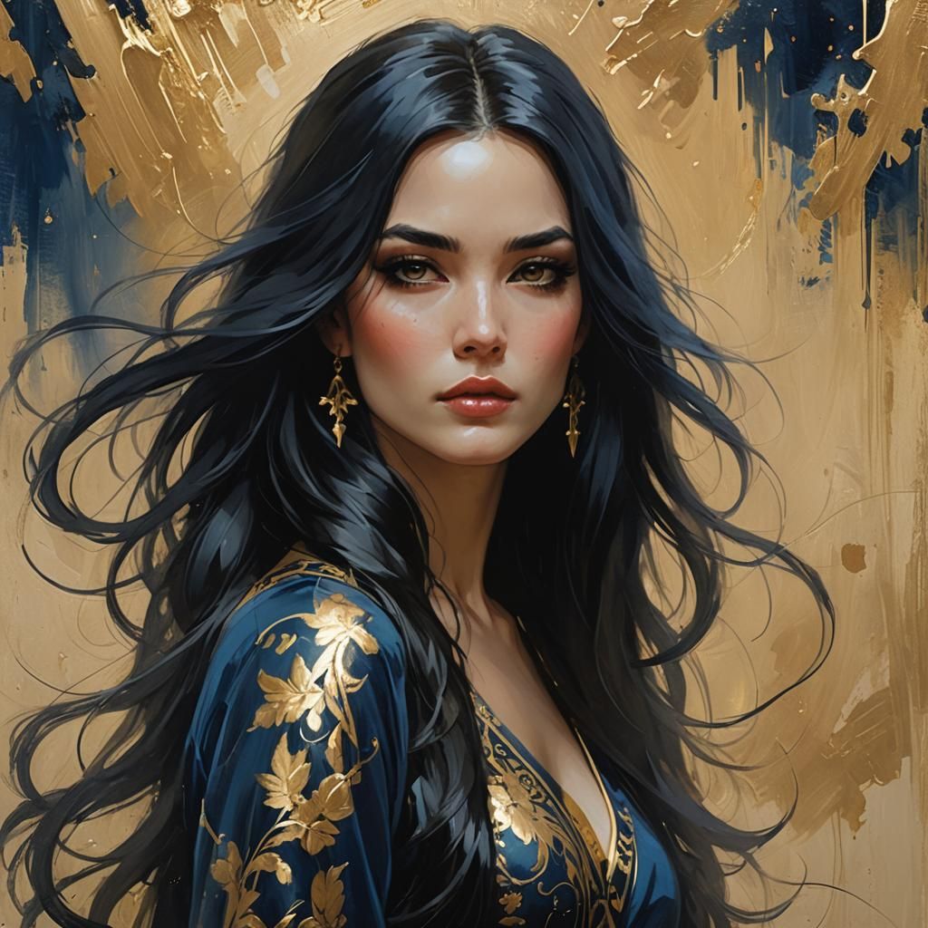 Woman with Long Black Hair in Gold Comic Art