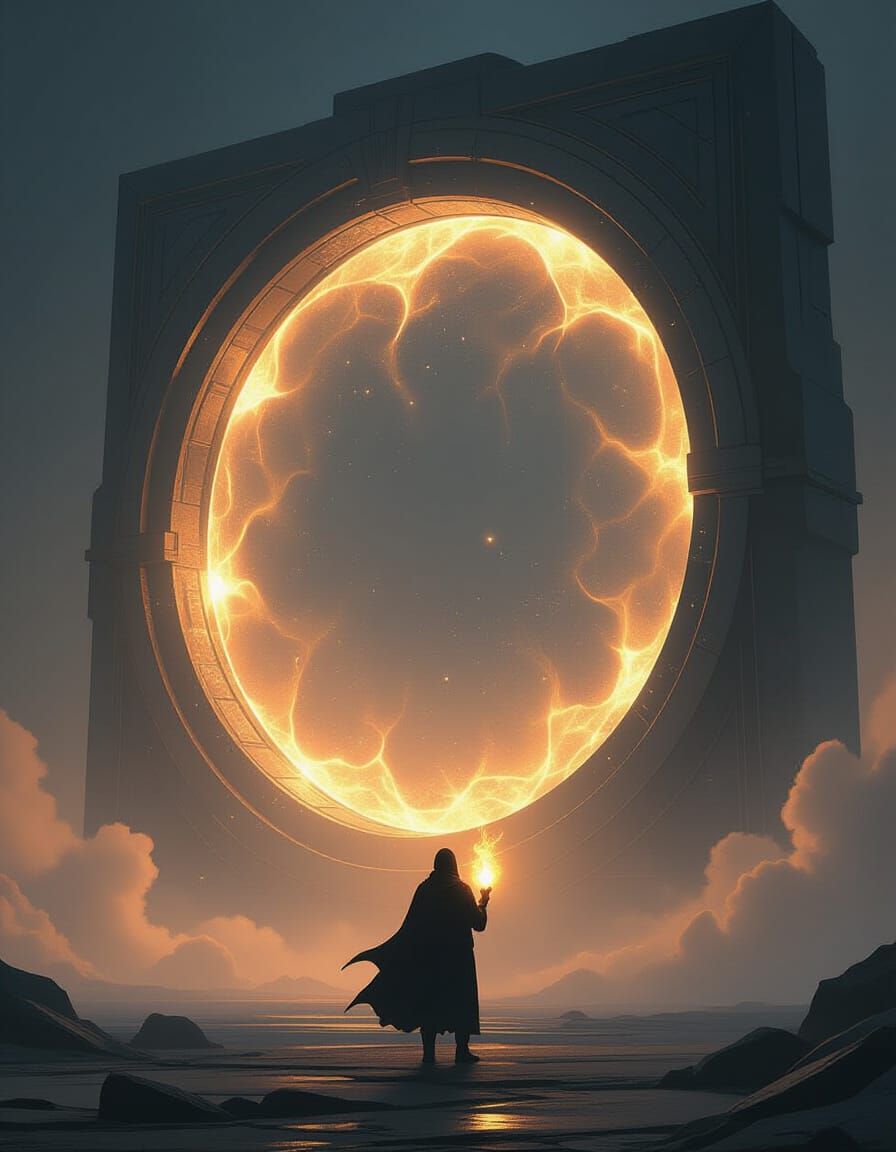 Explorer Faces Cosmic Portal in Dark Fantasy Style