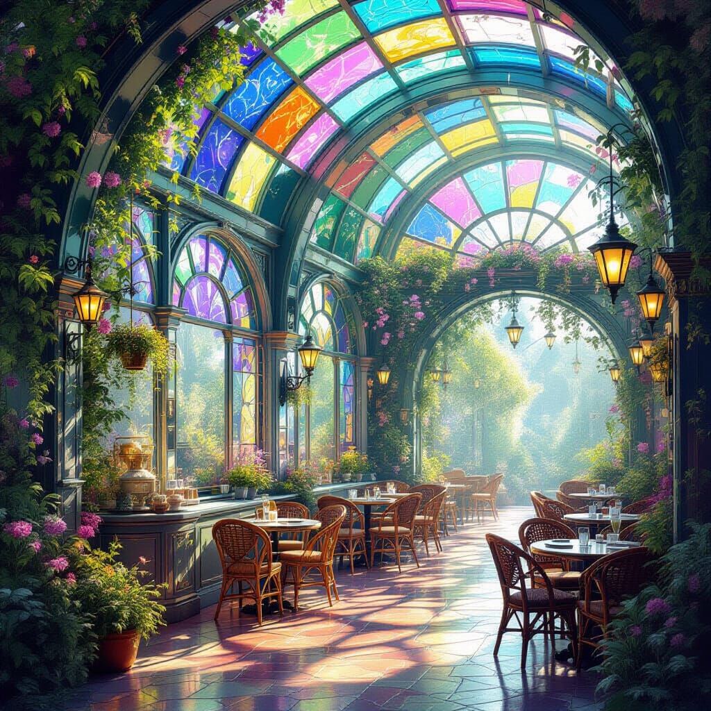 Magical Iridescent Glass Café Bathed in Sunlight