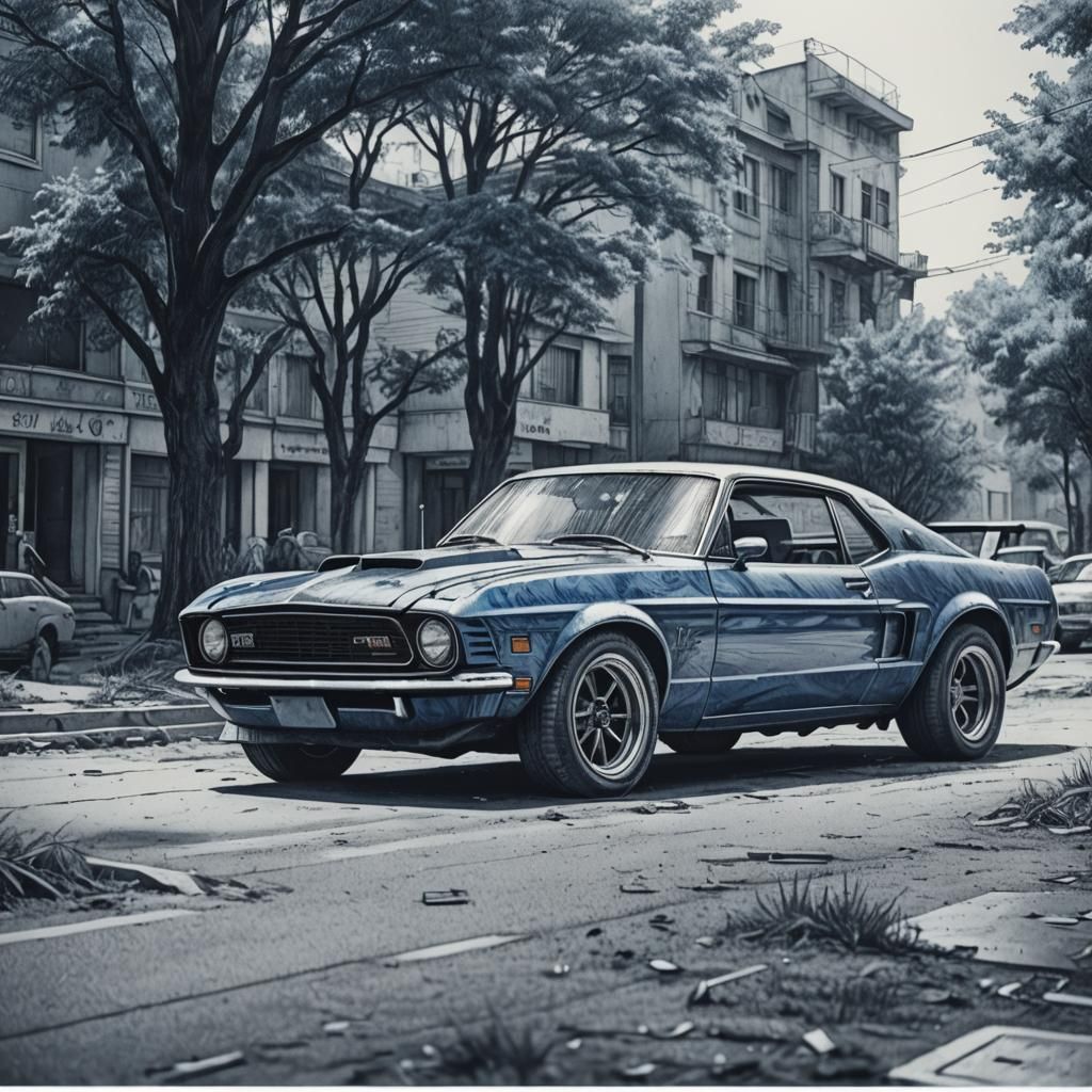 Monochrome Blue Ballpoint Car Drawing in Cinematic Style