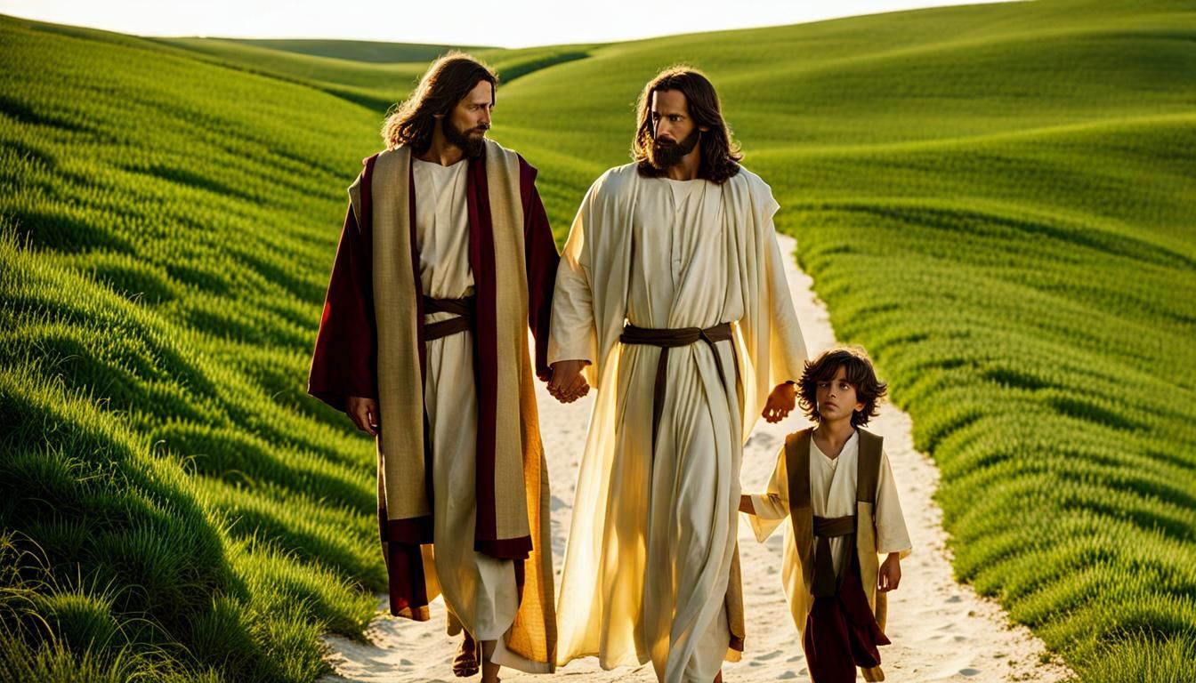 Jesus Walking With Boy and Father