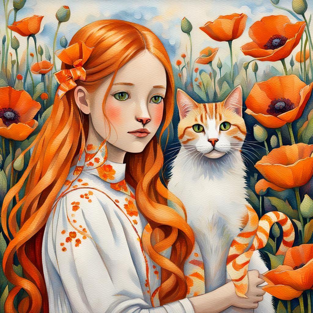 Girl with Orange Hair and Cat, Painterly Style