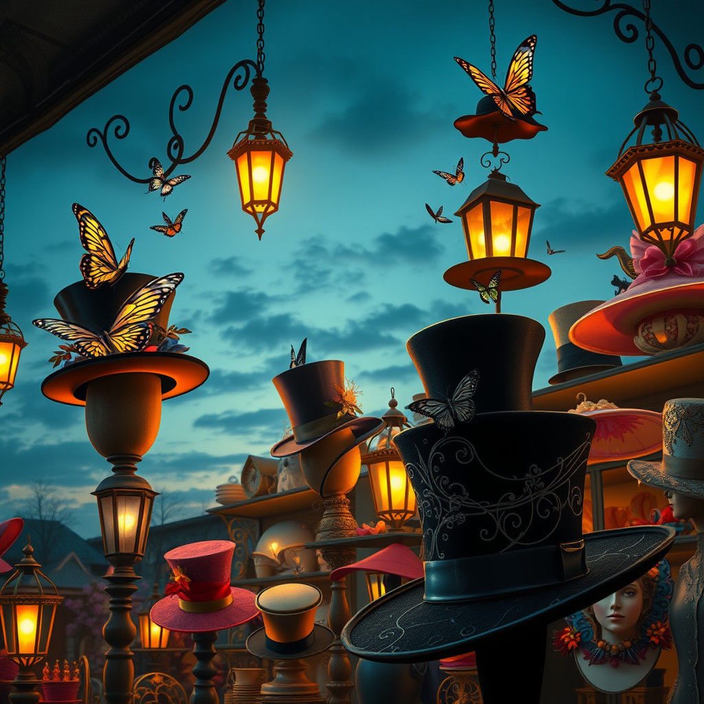 Fantastical Hat Shop at Dusk: A Milliner's Dream