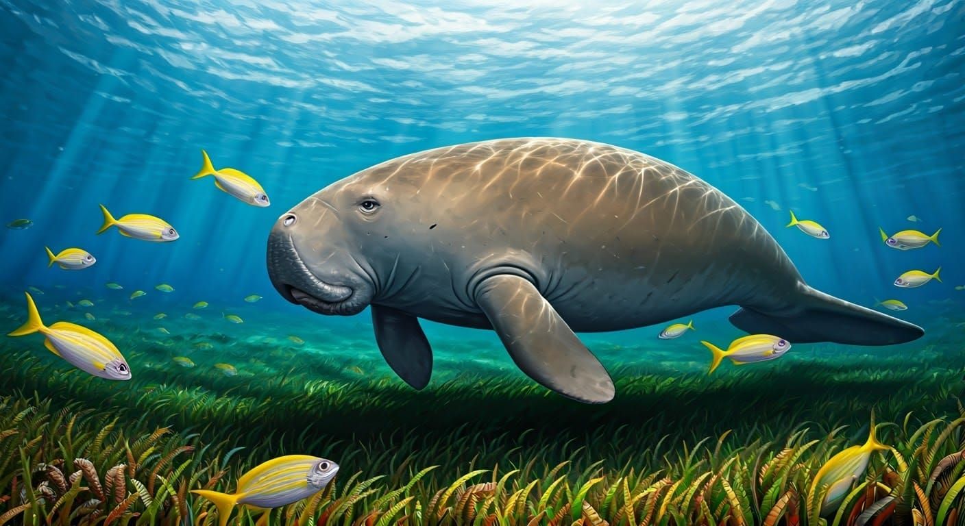 Realistic Dugong Swimming in Seagrass Meadow with Yellow Pil...