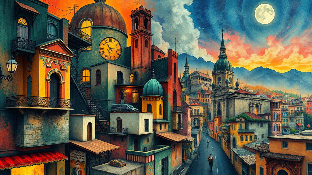 Mexican Cityscape: Surrealist Illustration in Deep Watercolo...