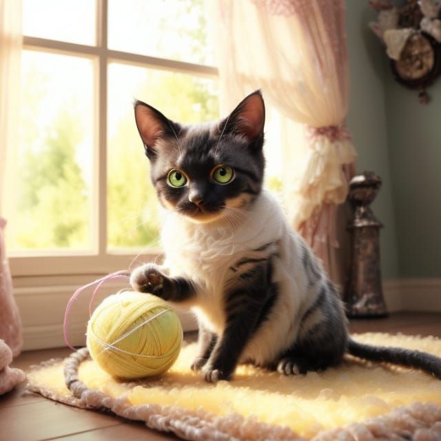 Playful Tabby Cat Bats Yarn Ball in Cozy Room