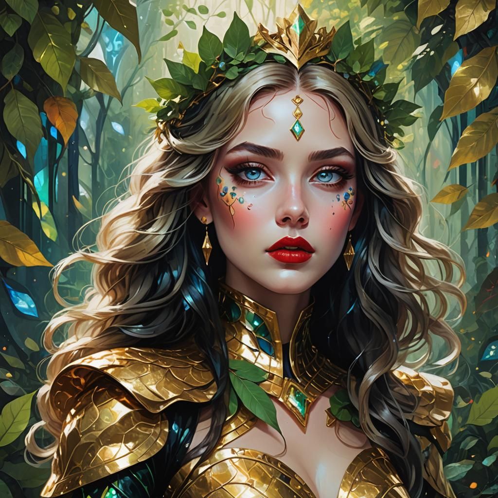 Futuristic Princess Portrait with Leaves in Oil Painting Sty...