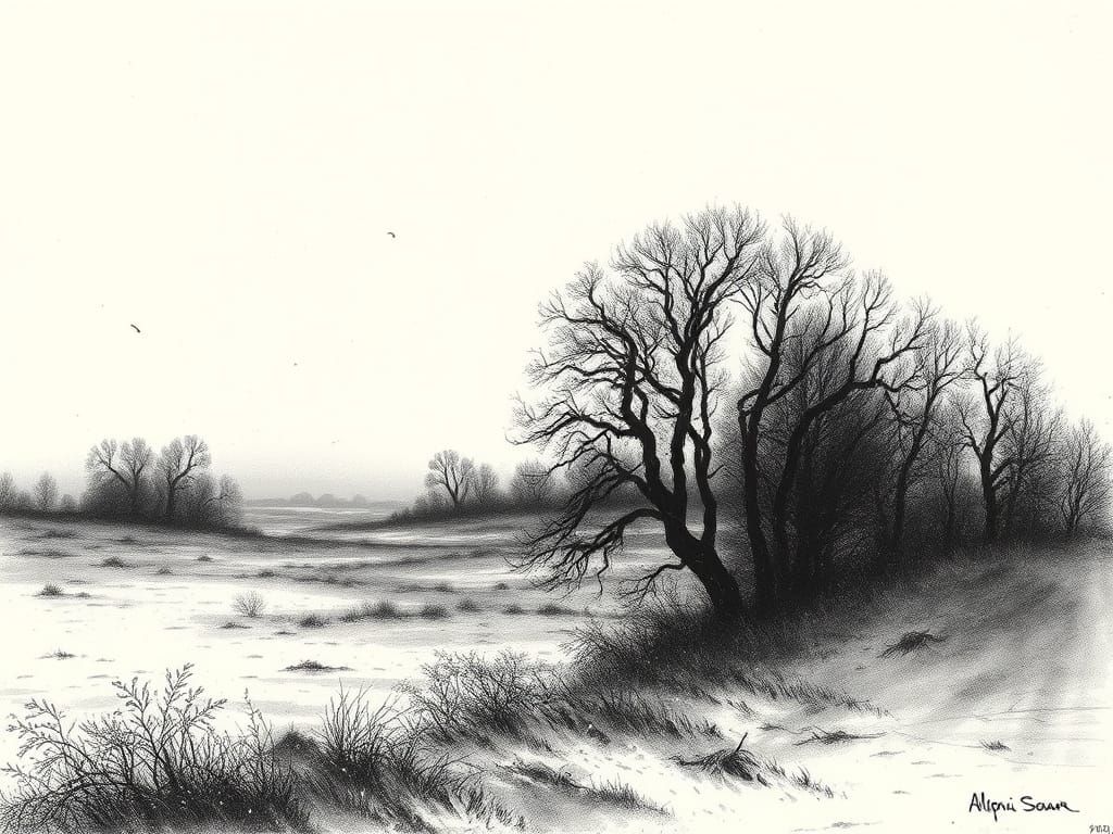 Melancholy Landscape in Black and White Etching Style