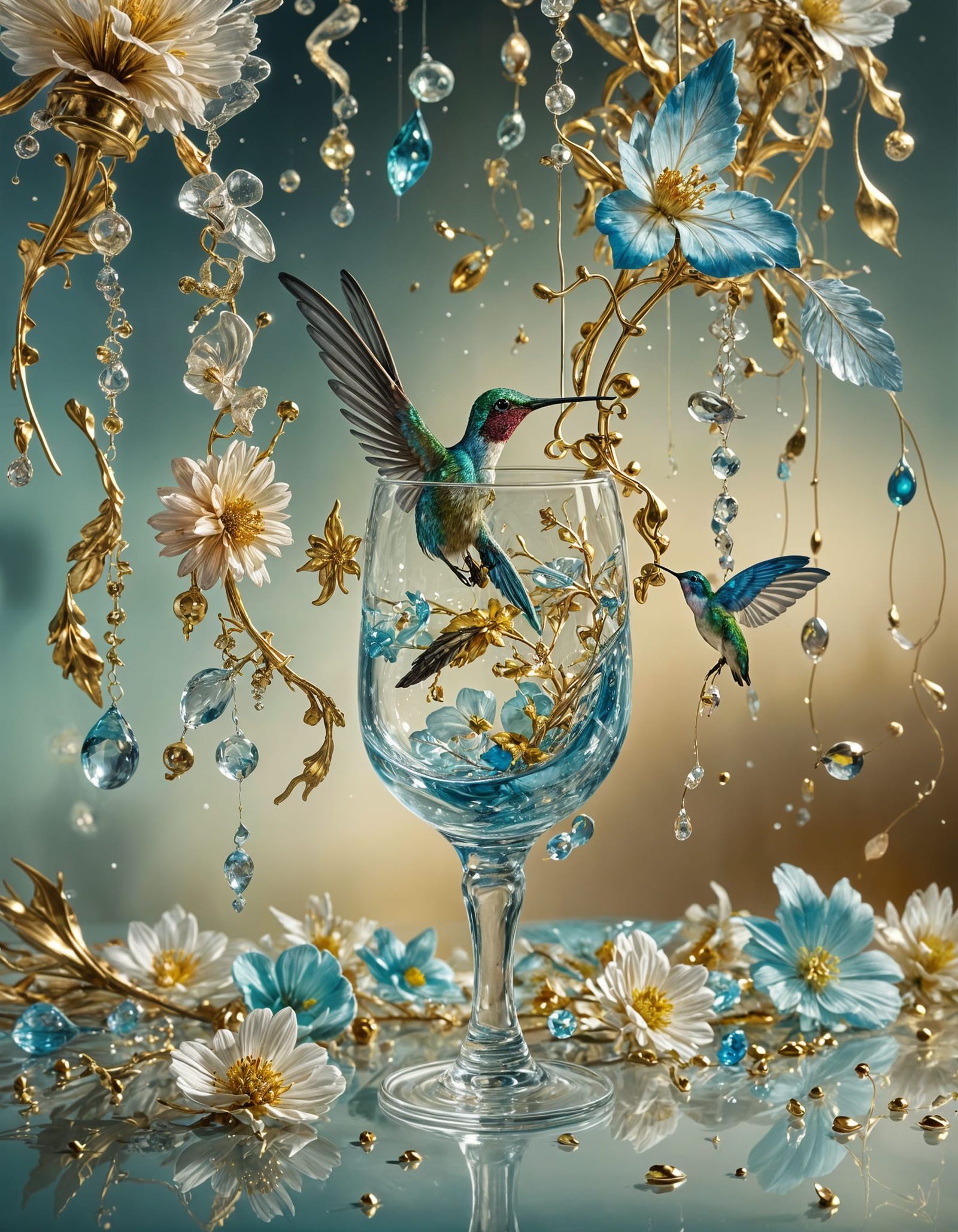 Glass Hummingbird with Frozen Flowers: Surreal Oil Painting