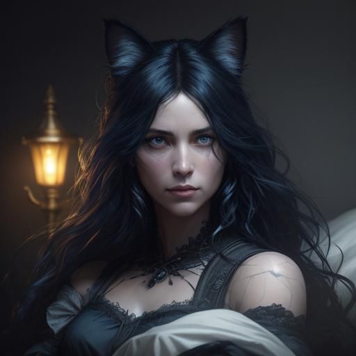 Fantasy Portrait of Woman with Cat in Dark Bedroom