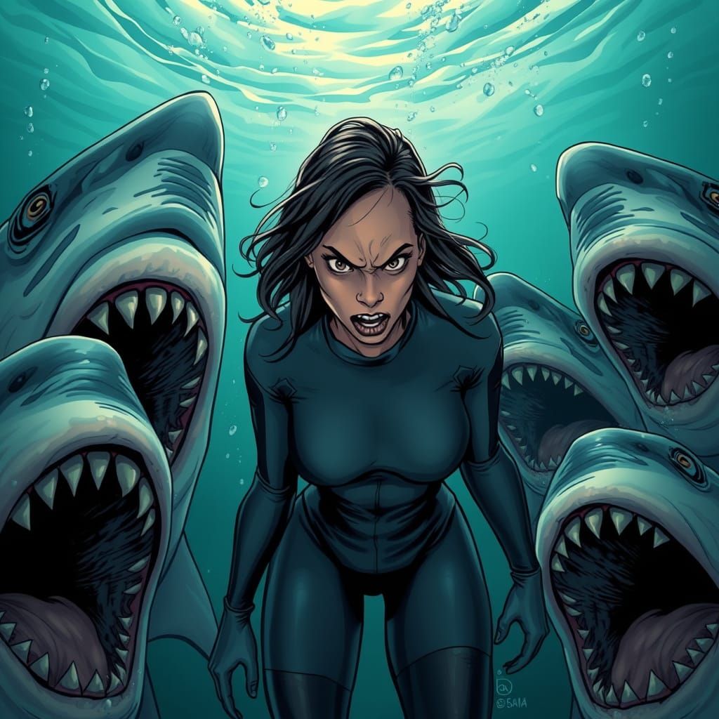 Frightened Diver Surrounded by Sharks in Comic Book Art