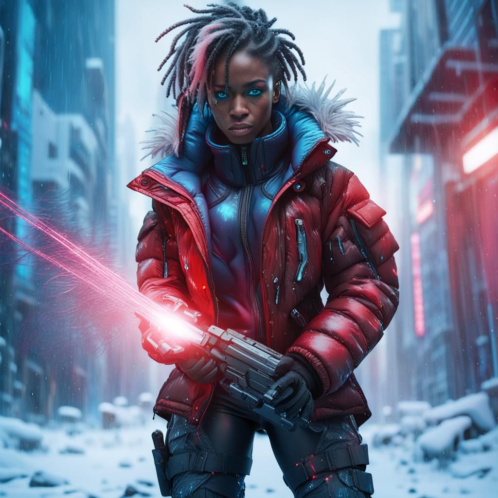 Cyberpunk Cyborg in Snowstorm with Laser Eye