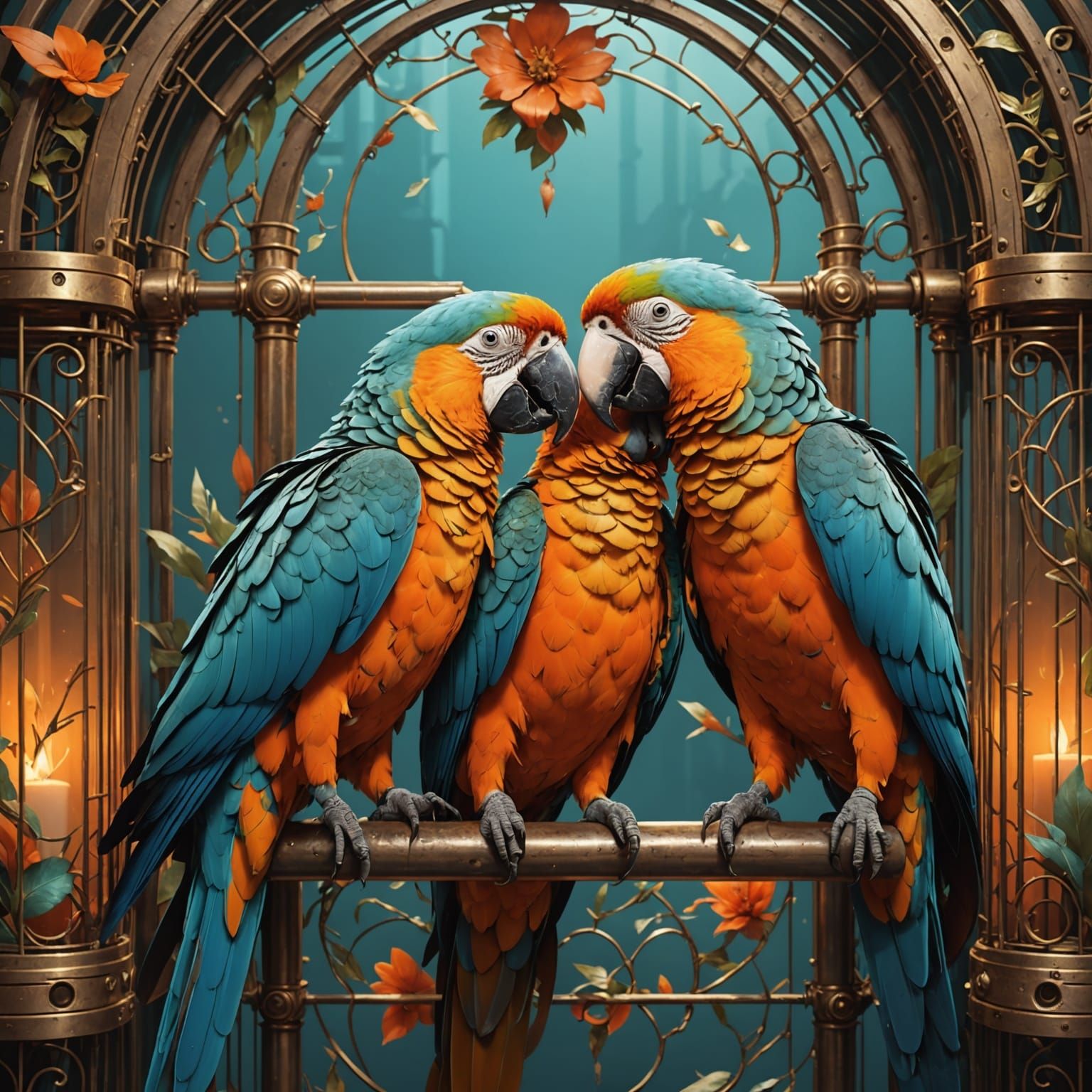 Romantic Parrot Pair in Vibrant Triadic Colors