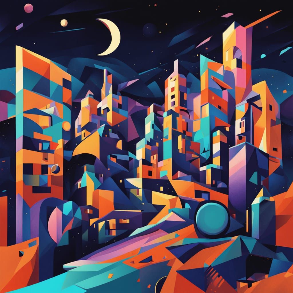 Surrealist Cityscape Under Starry Night Sky in Geometric Fau...