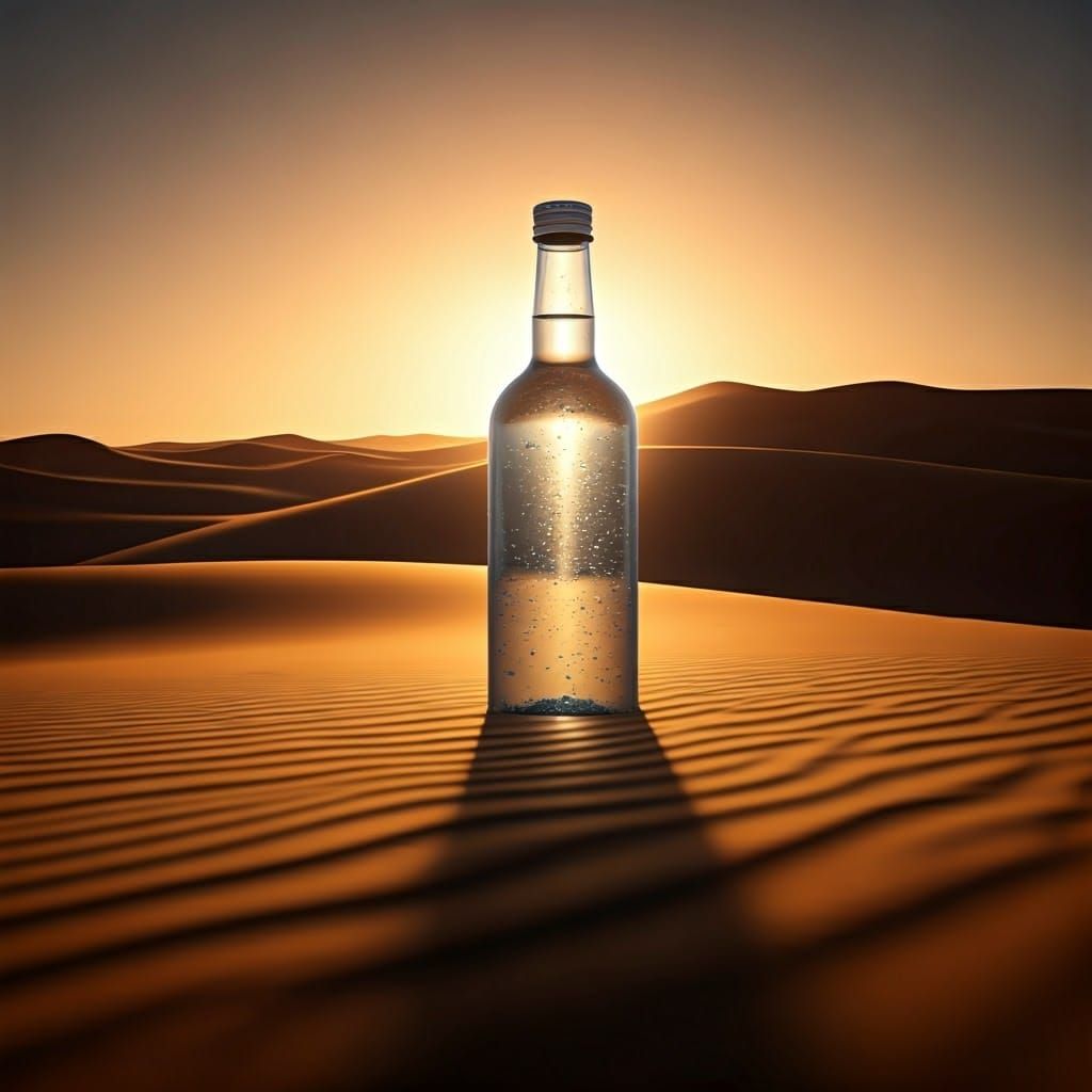 Majestic Glass Bottle Radiates Light Amidst Arid Desert Land...